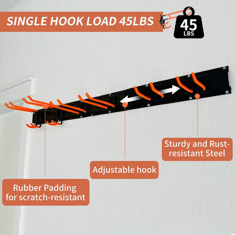 Heavy Duty Garden Tool Organizer Wall Mount Rack With Six Steel Hooks 48 Inch Three Rail Garage System single hook load 45lbs