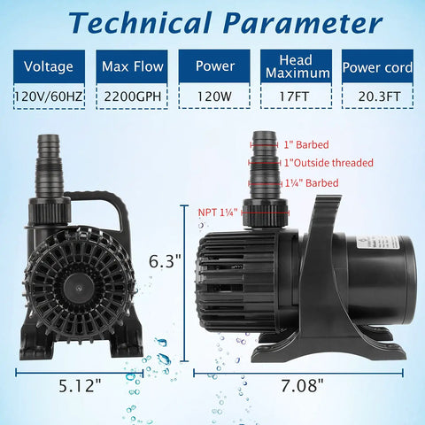 Heavy Flow Submersible Pond Pump For Fountains Ponds Aquariums Hydroponics And Outdoor Waterfalls 2200 GPH 120W UL Listed