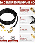 12 Ft RV Quick Connect Propane Hose For RV To Grill With Elbow Adapter LP Hose With 1/4 Inch Shutoff Valve And 1/4 Inch Male Full Flow Plug Long Low Pressure Line Fits 17 And 22 Inch Griddles shown with connectors and adapter fittings.