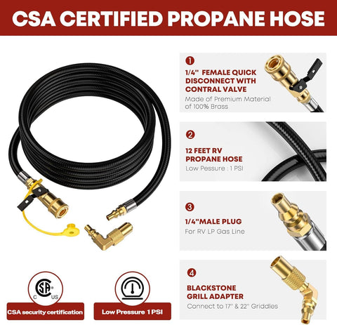 12 Ft RV Quick Connect Propane Hose For RV To Grill With Elbow Adapter LP Hose With 1/4 Inch Shutoff Valve And 1/4 Inch Male Full Flow Plug Long Low Pressure Line Fits 17 And 22 Inch Griddles shown with connectors and adapter fittings.