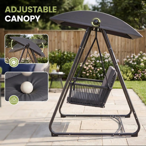 Porch Swing With Stand And Canopy For Outdoors All Weather Heavy Duty Swing Chair With 400 Lb Capacity Removable Cushions Grey