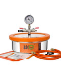 Front view of BACOENG 1-gallon stainless steel vacuum chamber with orange lid, gauge, red valve handles, and orange hose