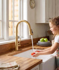 Kitchen Faucets with Pull Down Sprayer,WOWOW Gold High Arc Single Handle Classic Stainless Steel Sink Faucet 1 or 3 Hole, Pull Out Kitchen Faucet with Deck Plate & 3 Functions, child washing tomatoes.