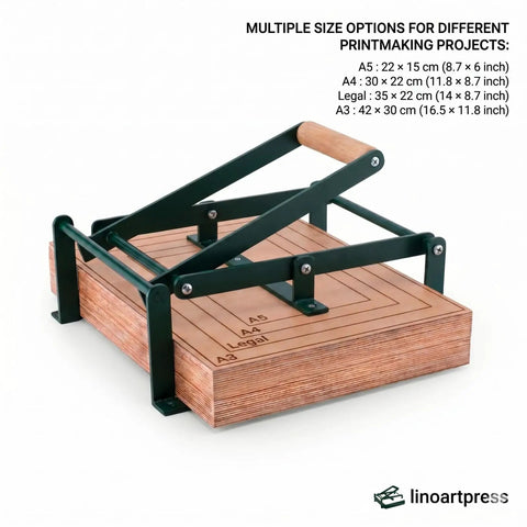 Ultra Reliable Linocut Press Machine For Printmaking Relief And Block Printing Legal Size Compatible Powder Coated Steel Frame With Natural Beech Handle Built Like A Tank For Artist Studios