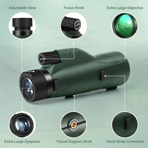 12x56 High Power Monocular Telescope For Adults With Smartphone Adapter Tripod Travel Bag Great For Bird Watching Hunting Hiking Camping Gift Green With Crystal Clear View No Fuss Setup Wide Field Six Point Five Degree Rugged Build For Adventure shown with labeled features.