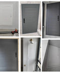 Badass Fire Rated Aluminum Access Panel With Integrated Locking Inspection Hatch And Sleek Black Shell Built For Custom Sized Wall Openings and Remodeling Jobs That Are Truly Legit - Various angles of grey and white panels.