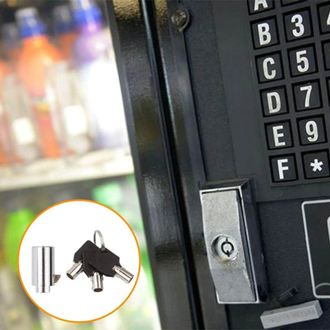 Heavy Duty Vending Machine Lock And Key Set, Two Pack Keyed Alike For Soda And Snack Machines, Fits Coke And Pepsi Vending Units, All Metal Alloy Steel Construction, Rust Resistant, Includes Six Keys next to a vending machine with lock installed