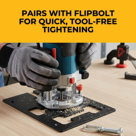 FlipBolt Jig For Fastening Stiles, Countertops, And Invisible Connectors With Routing used with a router on wood surface