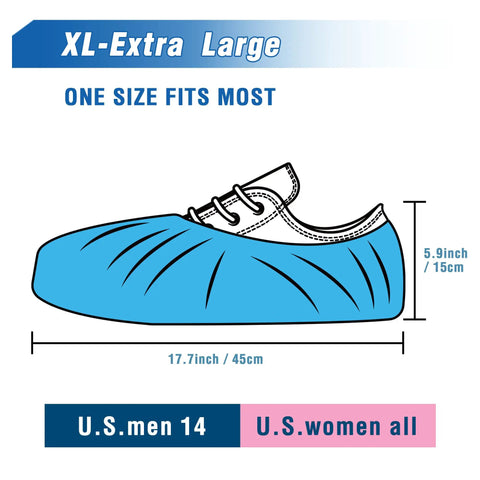 Size diagram of Disposable Shoe And Boot Covers XL Set, 100 Pack Fifty Pairs, Waterproof Slip Resistant Durable CPE Plastic