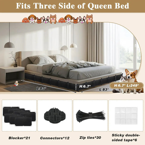 Real Deal Pet Proof Under Couch Barrier Stops Sneaky Dogs And Cats From Hiding Under Furniture While Securing Loose Toys Includes Quick Setup Kit And Tough Black Panels, shown in room next to queen bed.