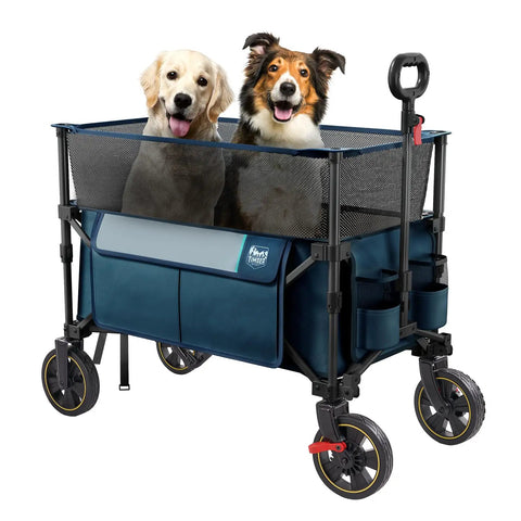 Beefy 350L Extra Large Collapsible Folding Wagon With Brake For Camping, Heavy Duty Outdoor Utility Cart That Hauls Big Loads, Extended Height, Adjustable Handle, Cup Holders, Side Bag, Blue featuring two dogs