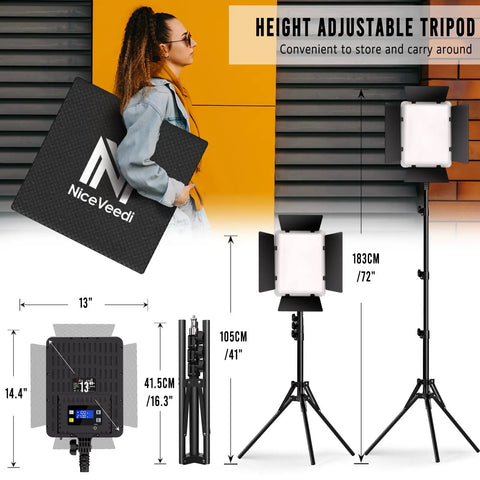 2-Pack Pro-Grade Bi-Color LED Photography Lighting Kit with 72-Inch Tripod Stand shown with height measurements and remote.