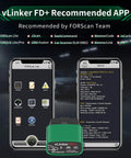 VLinker FD Plus OBD2 Bluetooth Diagnostic Scanner with app interface on smartphones for real-time code reading and clearing