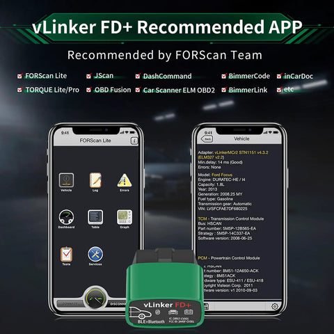 VLinker FD Plus OBD2 Bluetooth Diagnostic Scanner with app interface on smartphones for real-time code reading and clearing