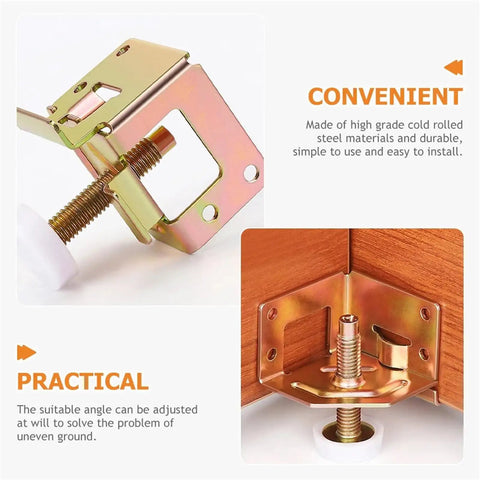 10 Pack Adjustable Furniture Feet Levelers for tables, close-up of galvanized threaded feet on wooden surface, anti-wobble