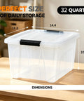 32 Quart Clear Plastic Storage Bins With Easy Snap Lids Stackable Home Organization Totes dimensions showing 18.8 x 14.4 x 10.5 inches