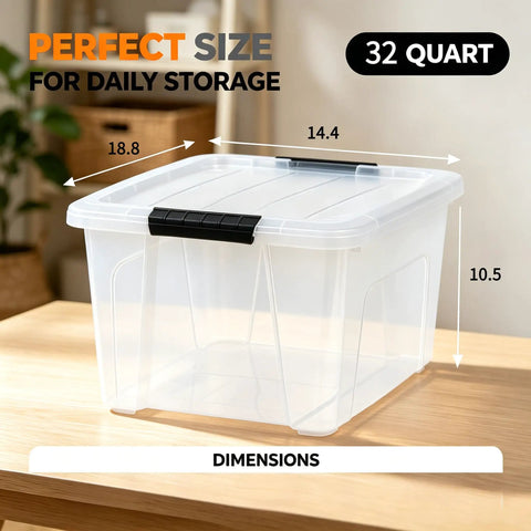 32 Quart Clear Plastic Storage Bins With Easy Snap Lids Stackable Home Organization Totes dimensions showing 18.8 x 14.4 x 10.5 inches