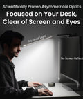 ScreenBar Halo 2 LED Monitor Light Bar With Wireless Controller And Backlit Front Glow Motion Sensor Adjustable Brightness And Color Temperature Eye Care For Glare Free Viewing On Curved Monitors Go To Desk Upgrade installed on a monitor with side view of a person working.