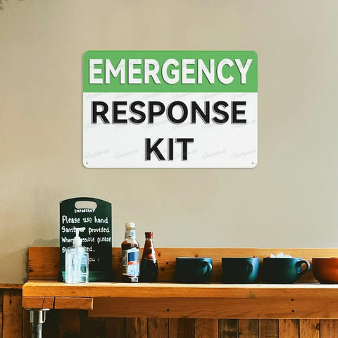 Emergency Response Kit Retro First Aid Sign 12 By 8 Inches Weatherproof Aluminum Marker on a wall above a wooden shelf
