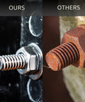 Stainless steel 1/4-20 bolt with washer and nut installed, shown beside a rusted bolt for comparison