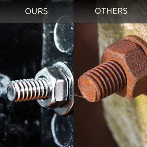 Stainless steel 1/4-20 bolt with washer and nut installed, shown beside a rusted bolt for comparison