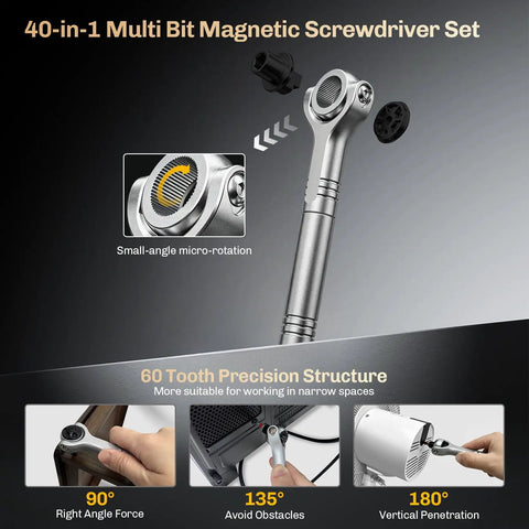 Magnetic 40 In 1 Screwdriver Set with 270 Degree Ball Joint Handle, shown in use with 60 Tooth Mechanism precision tool tips