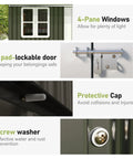 10x12 Ft Outdoor Storage Shed With Lockable Hinged Door And Two Windows Nordic Cottage Metal Shed, details of window, lock, cap, washer