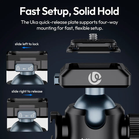 Close-up of T100 Ball Head for Cameras and Gear with quick release plate showing locking mechanism and flexible setup features.