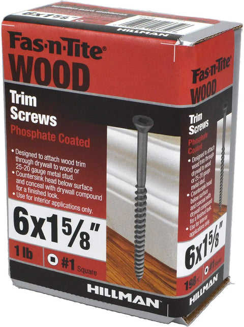 Slick Black Trim Screws 0.625 Inches With Square Drive And Sneaky Low Profile Head For Smooth Finish, box with screws.