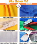 Comparison chart for yellow kids pod swing with cotton vs recycled material, quality zippers vs common zippers, and cushion types.