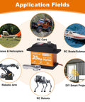 HobbyPark 35kg waterproof HV servo with metal gears; surrounded by RC cars, boats, planes, robots, DIY projects.