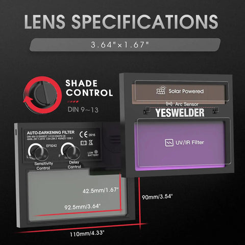 True Color Solar Powered Auto Darkening Welding Helmet lens specifications with wide 3.64x1.67 inch viewing window