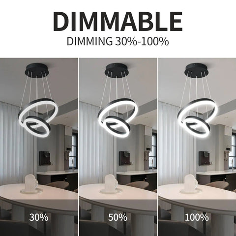 Dimmable Two Ring Modern LED Chandelier In Black, Sleek Contemporary Ceiling Pendant Light For Staircase, 30% to 100% brightness