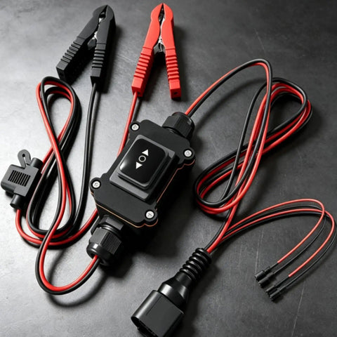 Top-Tier MotiveTech Vehicle Component Tester Set With Insulated Clips, Inline Switch, And Circuit Protector for fast auto diagnostics showing red and black clips.