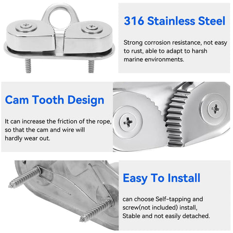 Beefy 316 Stainless Steel Cam Cleat with rustproof design, showing cam tooth structure and easy installation for 6 to 15mm rope.
