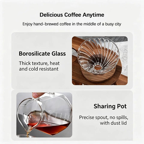 Next Level Pour Over Coffee Station And Complete Eight Piece Brewing Kit With Gooseneck Kettle Manual Ceramic Burr Grinder Large Glass Server And Solid Wood Rack For Your Daily Grind Routine featuring borosilicate glass dripper and sharing pot.
