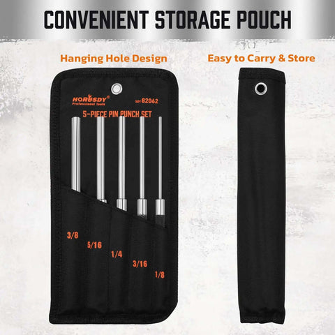 5 Piece Roll Pin Punch Set 8 Inch Carbon Steel Pro Grade Pin Punch Tool Kit With Storage Pouch for gunsmithing and repair, displayed in pouch