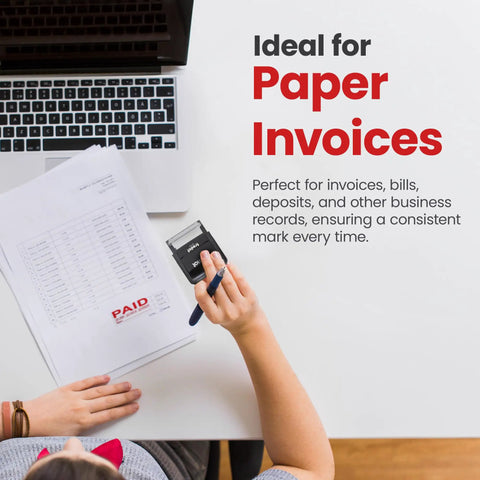 Dead Simple Self Inking Rubber Stamp For Quick Cash Check And Credit Transactions Bold Red Paid Mark With Roomy Memo Line Rapid Align Guide Smooth Office Setup on invoice.