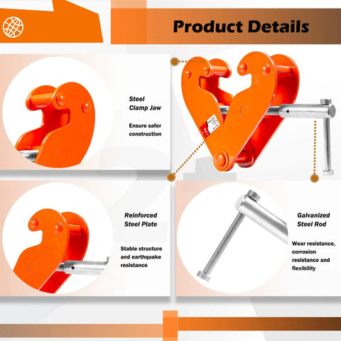 Vertical beam clamp, orange, 4400-lb capacity, 3–9 in opening, steel beam clamp tool