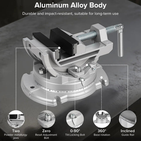 Heavy Duty Bench Vise With Multi Angle Clamp And 0 To 90 Degree Tilt 360 Degree Swivel Base Three Inch Jaw Cast Iron And Powder Metallurgy Jaws For Woodworking Drilling And Milling DIY Projects, aluminum body