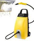 3000W Commercial Steam Cleaner With 3.5L Tank Heavy Duty Yellow Deep Clean Machine spraying steam on greasy kitchen hood.