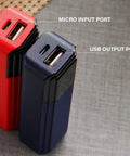 Grab And Go Travel Power Supply Case For Single Flat Top Batteries showing USB output and micro input ports.