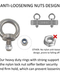 Five Piece M8 Stainless Steel Eye Bolts Kit With Nuts And Washers showing anti-loosening nut design feature.