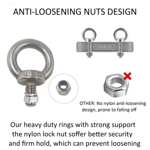 Five Piece M8 Stainless Steel Eye Bolts Kit With Nuts And Washers showing anti-loosening nut design feature.
