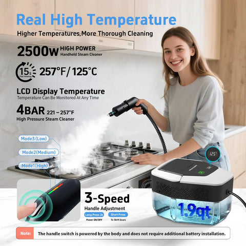 Top Shelf Handheld Steam Cleaner Featuring 3 Adjustable Temp Settings And A Massive 1.8 Liter Tank during use on a kitchen stove.