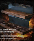 Forged carbon steel craftsmanship forging with wooden shelves and cutouts for tools, showcasing artisanal skill and design.