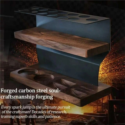 Forged carbon steel craftsmanship forging with wooden shelves and cutouts for tools, showcasing artisanal skill and design.