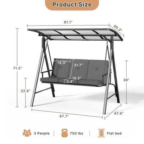 Three Seat Patio Swing With Canopy 2 In 1 Convertible Bed Heavy Duty Outdoor Porch Swing Chair 750 Lbs Weight Capacity Adjustable Sunshade Reinforced Steel Frame For Backyard Garden Lawn Dark Gray with dimensions shown