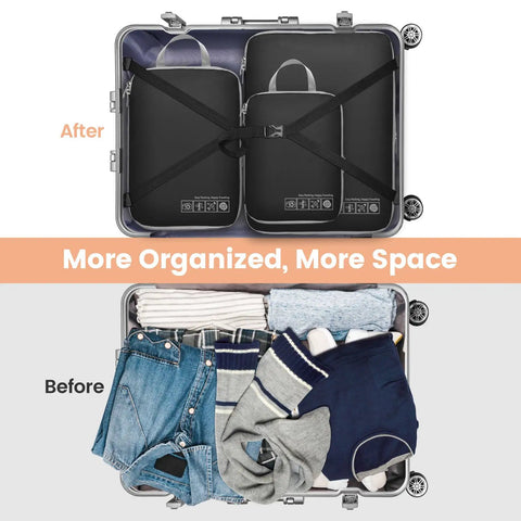 Open suitcase showing 'before' with loose clothes and 'after' with Four Pack Compression Packing Cubes For Travel Lightweight Expandable Luggage Organizers Space Saver For Carry On Suitcases Keep Your Threads Neat And Wrinkle Free Black neatly packed inside.
