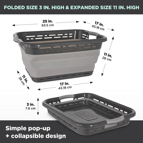Big 25 Inch Collapsible Laundry Basket with handles, folded 3 in. high, expanded 11 in. high, for towels, blankets, travel.